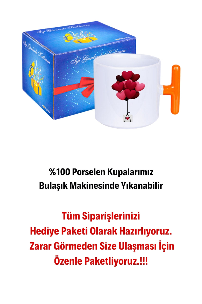 Uçan Kalpler Baskılı T Saplı Kupa Bardak Porselen Çay Kahve Fincanı Hediye