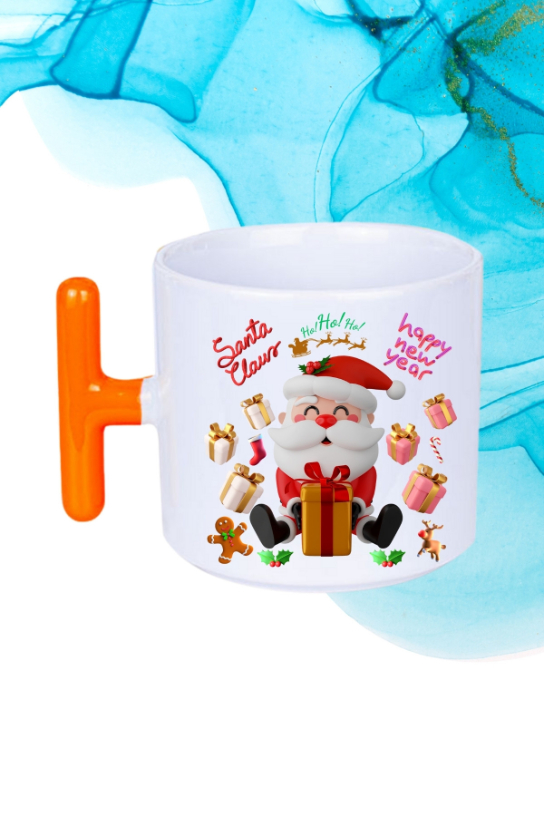 Noel Baba Happy Christmas Baskılı T Saplı Kupa Bardak Porselen Çay Kahve Fincanı