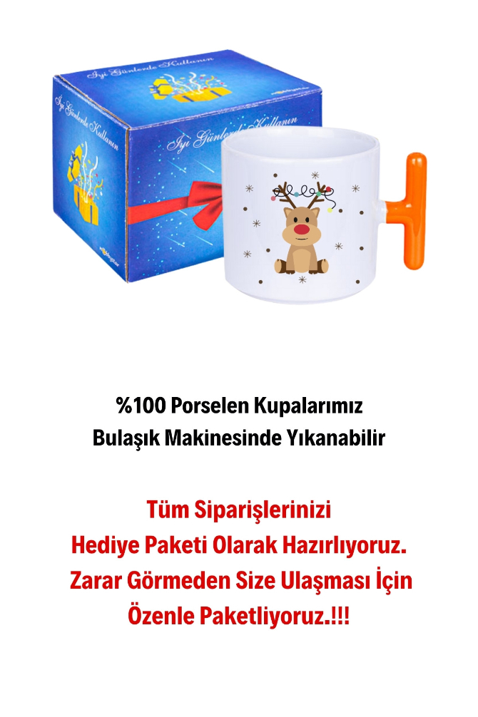 Yeni Yıl Geyik Kurabiye Baskılı T Saplı Kupa Bardak Porselen Çay Kahve Fincanı