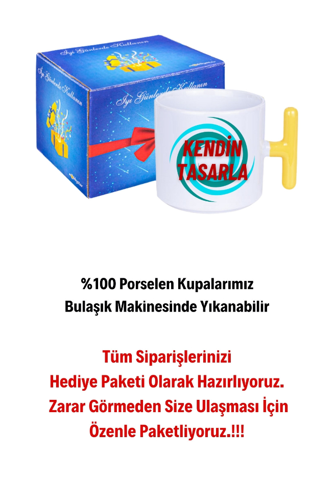 Kişiye Özel Baskılı Sarı T Saplı Kupa Kendin Tasarla Kupa Bardak Çay Kahve Fincanı
