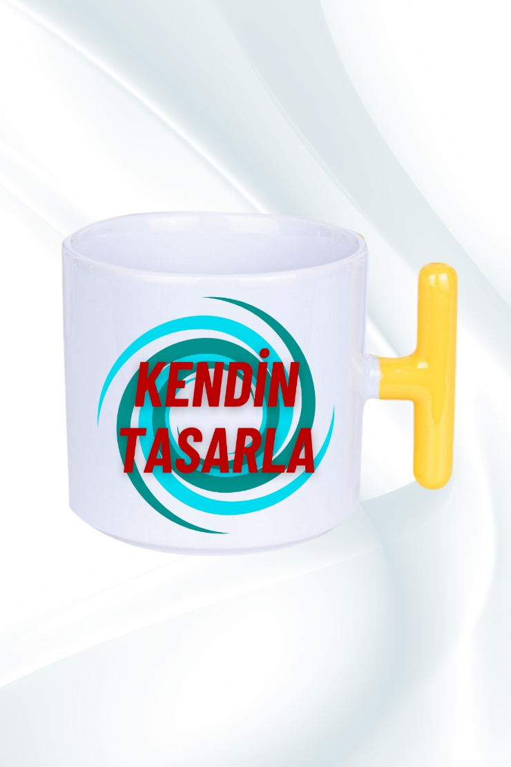 Kişiye Özel Baskılı Sarı T Saplı Kupa Kendin Tasarla Kupa Bardak Çay Kahve Fincanı