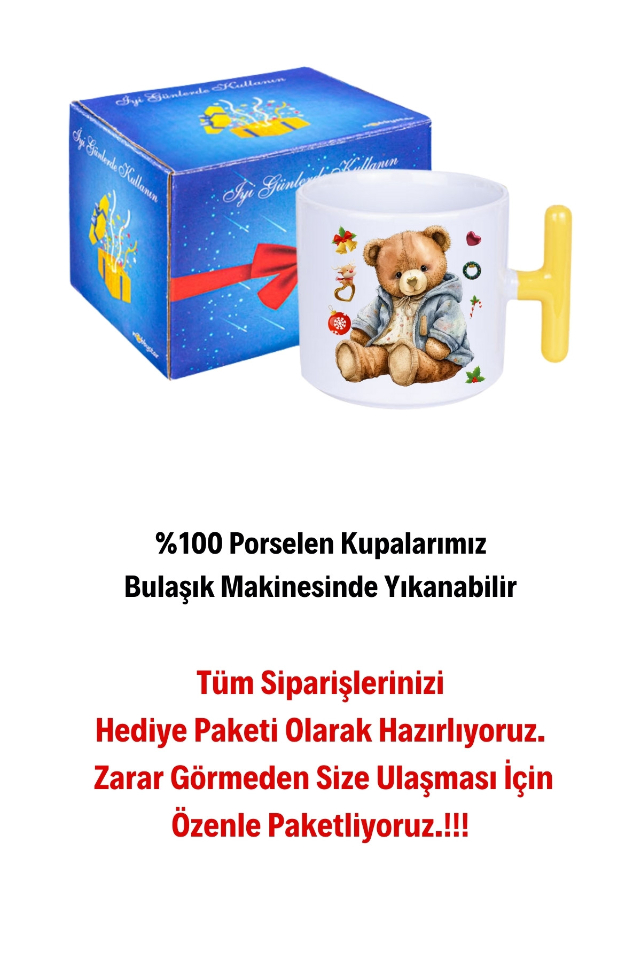 Yeni Yıl Oyuncak Ayı Teddy Bear Baskılı T Saplı Kupa Bardak Porselen Çay Kahve Fincanı