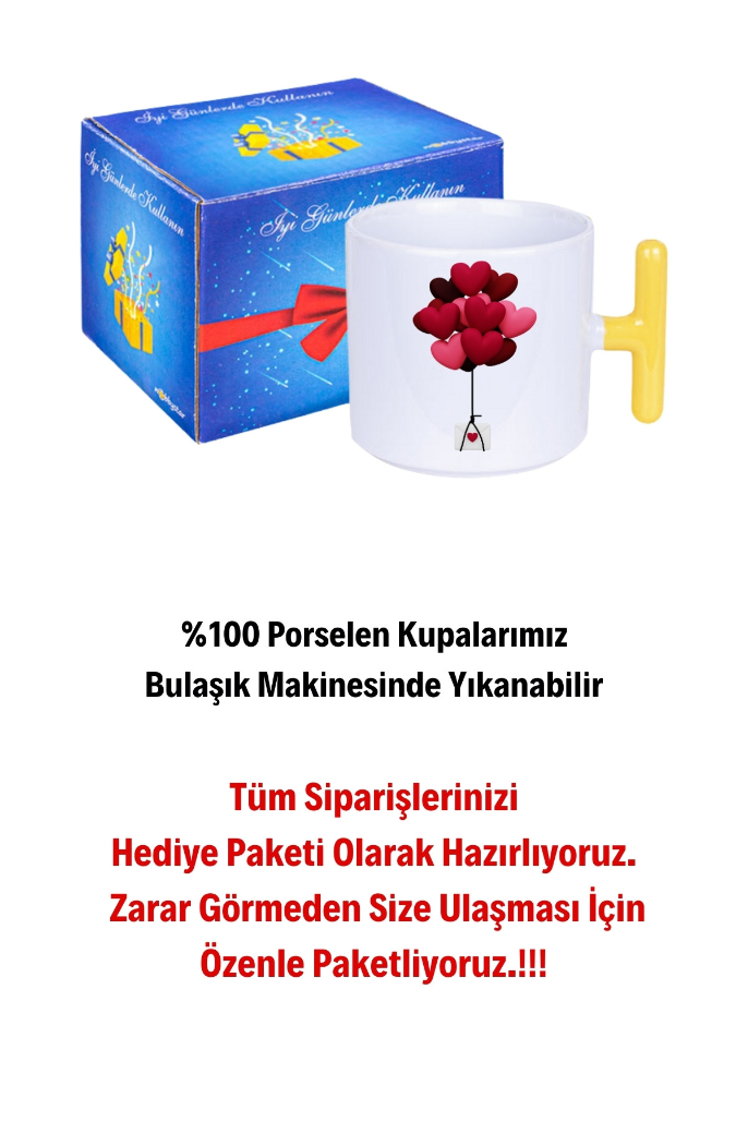 Uçan Kalpler Baskılı T Saplı Kupa Bardak Porselen Çay Kahve Fincanı Hediye