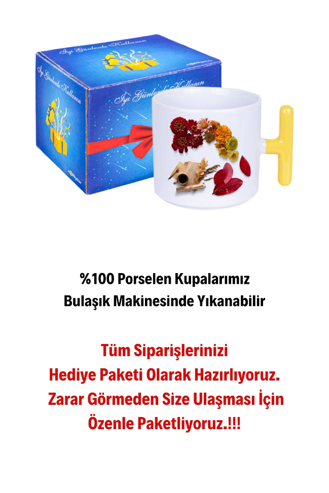 Romantik Sonbahar Baskılı T Saplı Kupa Bardak Porselen Çay Kahve Fincanı