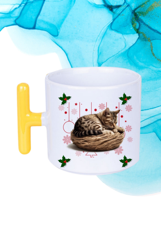 Yeni Yıl Uykucu Kedi Baskılı T Saplı Kupa Bardak Porselen Çay Kahve Fincanı
