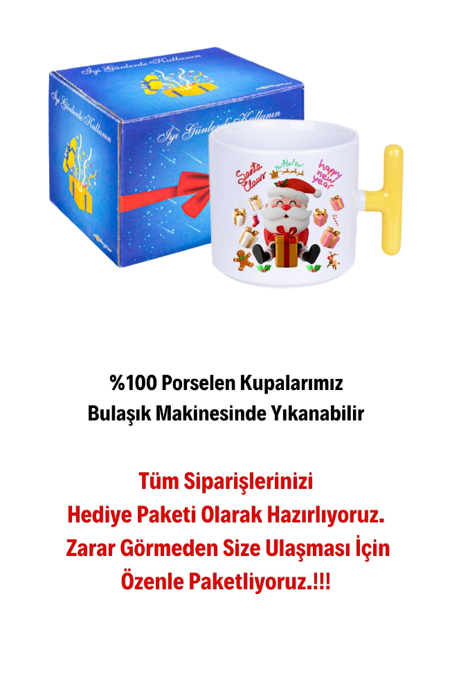 Noel Baba Happy Christmas Baskılı T Saplı Kupa Bardak Porselen Çay Kahve Fincanı