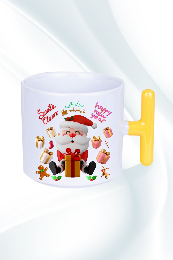 Noel Baba Happy Christmas Baskılı T Saplı Kupa Bardak Porselen Çay Kahve Fincanı