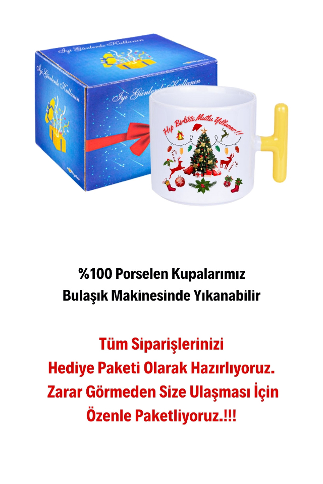 Yılbaşı Mutlu Yıllar Baskılı T Saplı Kupa Bardak Porselen Çay Kahve Fincanı