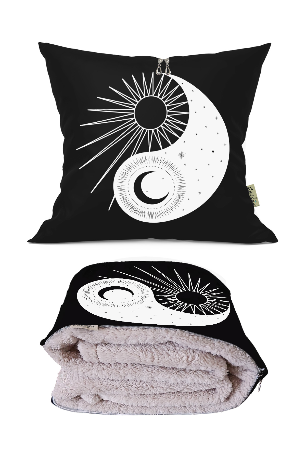 Ying Yang Zodyak Desenli Opsiyonel Battaniyeli Yastık Dekoratif Kırlent 38x38cm