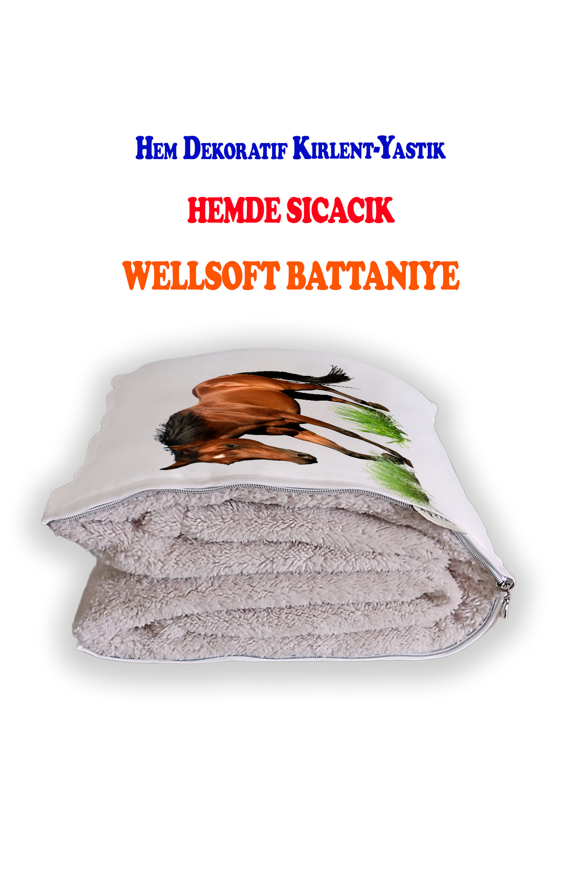 At Desenli Opsiyonel Battaniyeli Yastık Dekoratif Kırlent 38x38cm