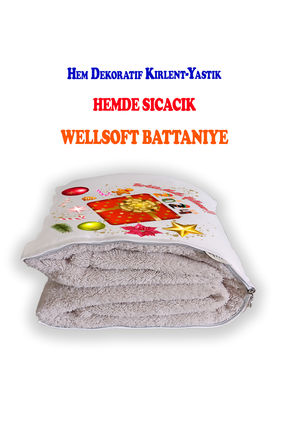 Yılbaşı Hediyesi Battaniyeli Yastık-Kırlent Happy New Year Opsiyonel TV Battaniyeli Yastık 36x36cm