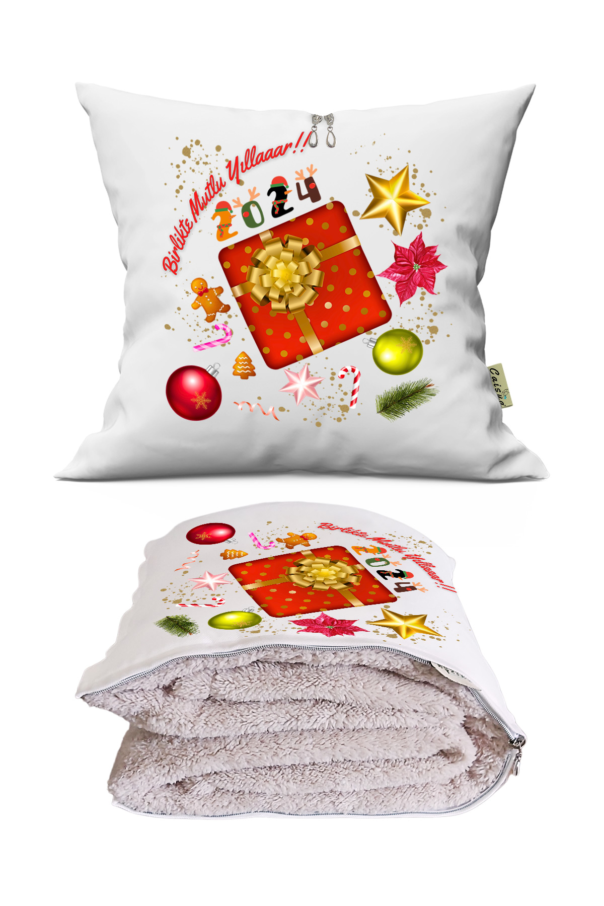 Yılbaşı Hediyesi Battaniyeli Yastık-Kırlent Happy New Year Opsiyonel TV Battaniyeli Yastık 36x36cm