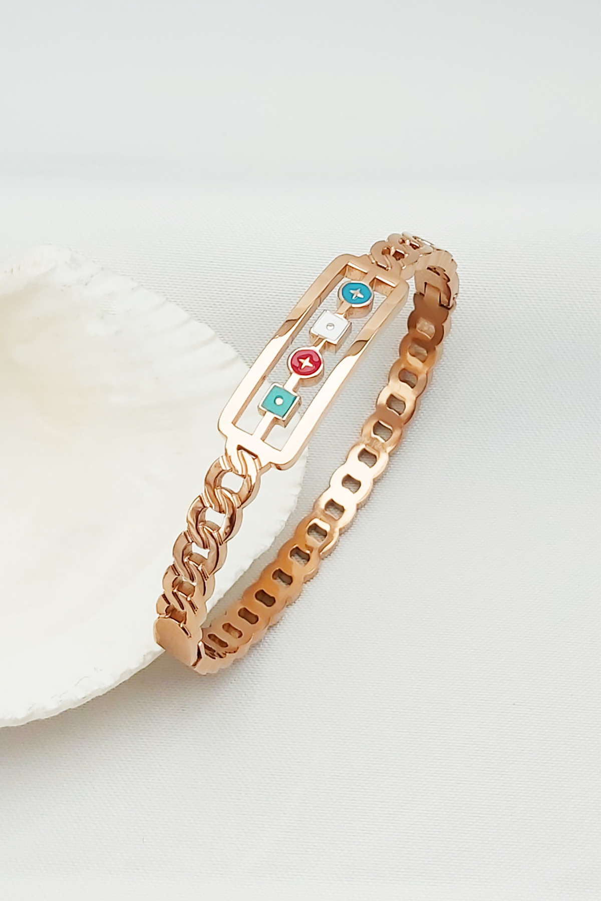 Rose Gold Altın Kaplama Etnik Mineli Vintage Çelik Kelepçe Bileklik 17cm