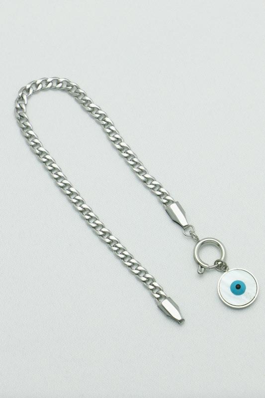 Gümüş Kaplama Özel Seri Kararmaz Sedef Nazarlık Taşlı Çelik Zincir Bileklik (18cm)