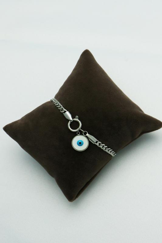 Gümüş Kaplama Özel Seri Kararmaz Sedef Nazarlık Taşlı Çelik Zincir Bileklik (18cm)