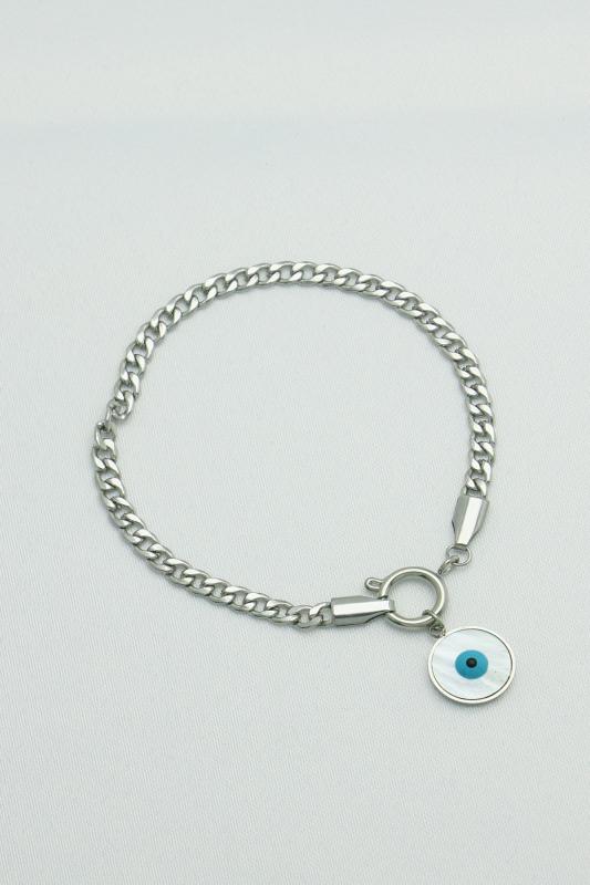 Gümüş Kaplama Özel Seri Kararmaz Sedef Nazarlık Taşlı Çelik Zincir Bileklik (18cm)