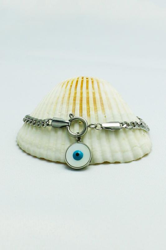 Gümüş Kaplama Özel Seri Kararmaz Sedef Nazarlık Taşlı Çelik Zincir Bileklik (18cm)