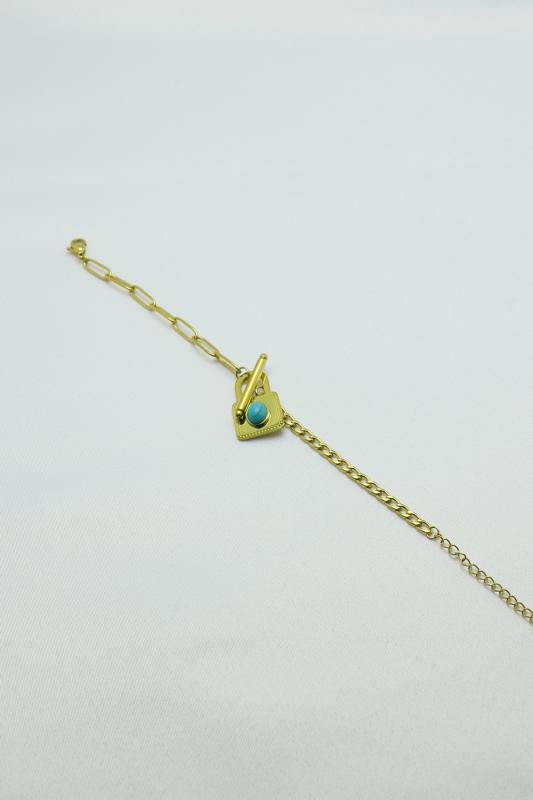 Altın Kaplama Özel Seri Kararmaz Turkuaz Taşlı Kilit Çelik Bileklik (22cm)