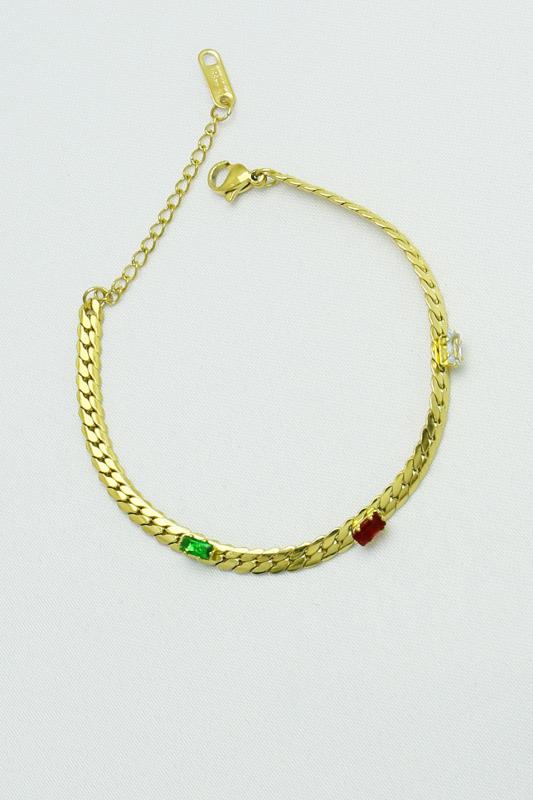Altın Kaplama Özel Seri Kararmaz Renkli Taşlı Ezme Zincir Çelik Bileklik (21cm)