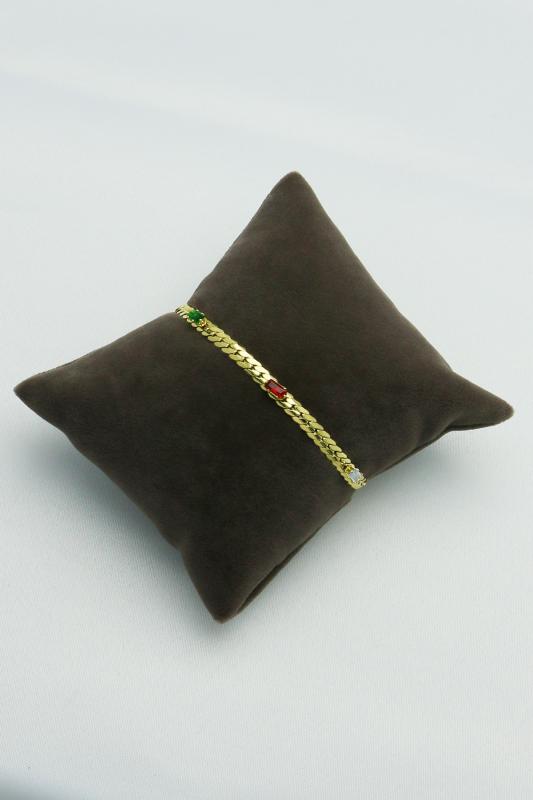 Altın Kaplama Özel Seri Kararmaz Renkli Taşlı Ezme Zincir Çelik Bileklik (21cm)
