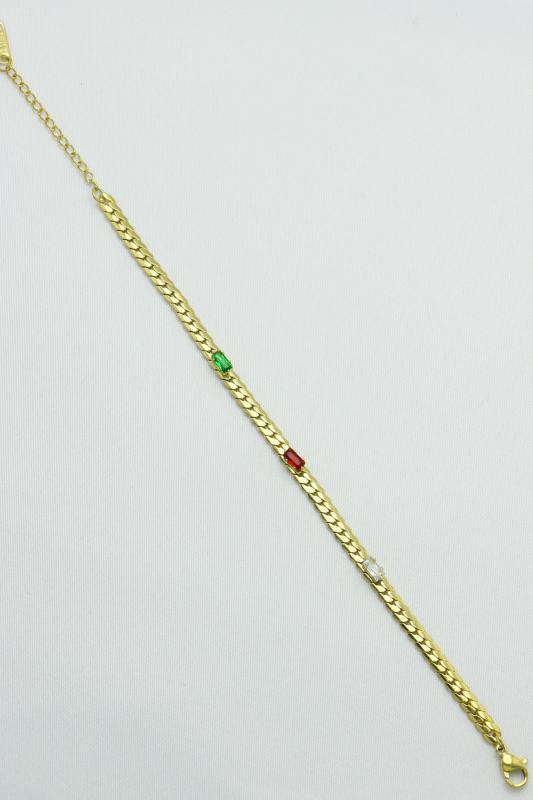 Altın Kaplama Özel Seri Kararmaz Renkli Taşlı Ezme Zincir Çelik Bileklik (21cm)