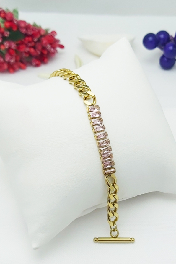 Altın Kaplama Özel Seri Kararmaz Pembe Baget Taşlı Künye Zincir Çelik Bileklik - 18 cm