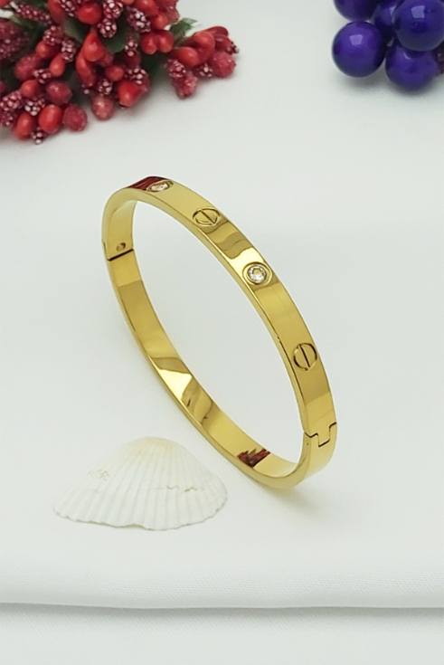 Altın Kaplama Pırlanta Montür Cartier Çelik Kelepçe Bileklik 18,5cm