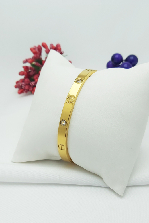 Altın Kaplama Pırlanta Montür Cartier Çelik Kelepçe Bileklik 18,5cm