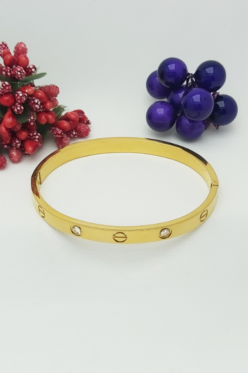 Altın Kaplama Pırlanta Montür Cartier Çelik Kelepçe Bileklik 18,5cm