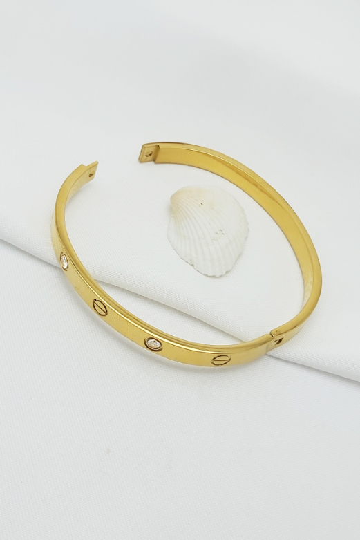 Altın Kaplama Pırlanta Montür Cartier Çelik Kelepçe Bileklik 18,5cm