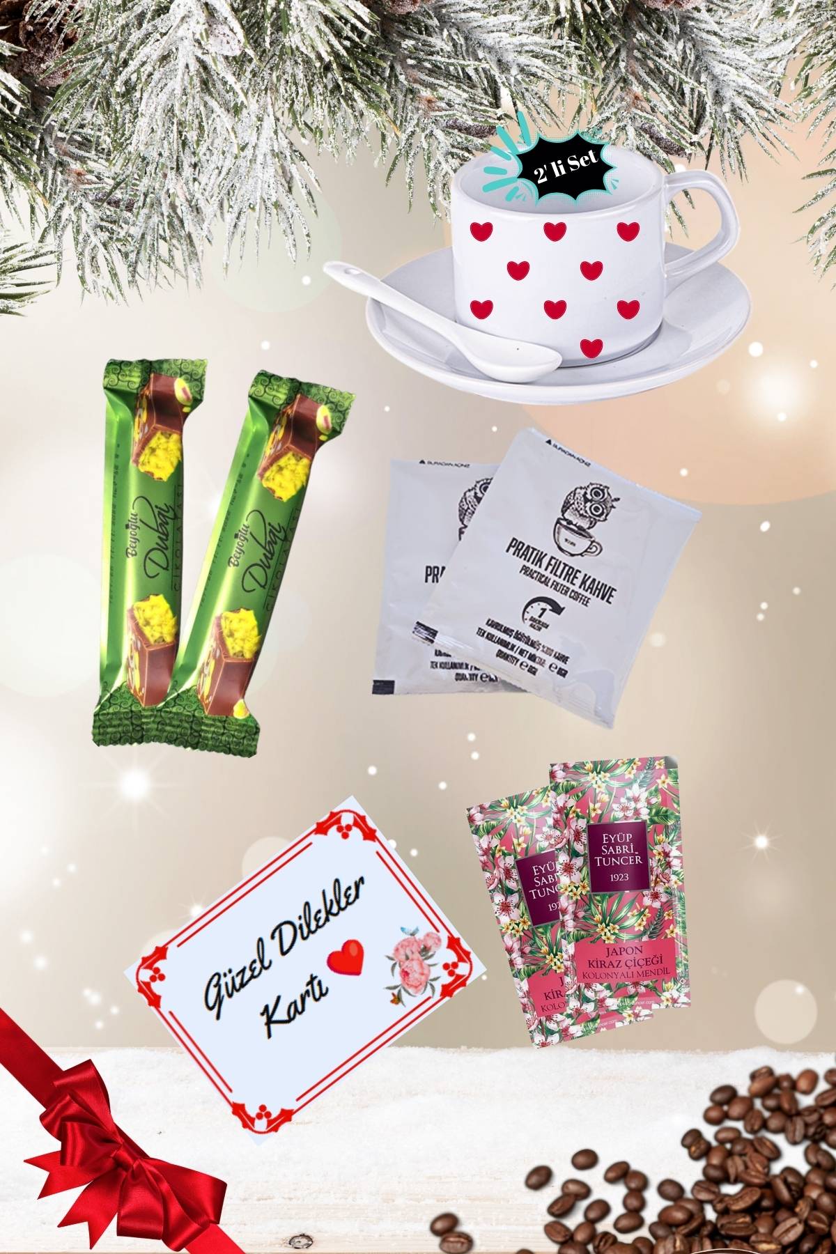 Yılbaşı 2’li Fincan seti & Dubai Çikolatası & Filtre Kahve Hediye Seti Gift Box-7