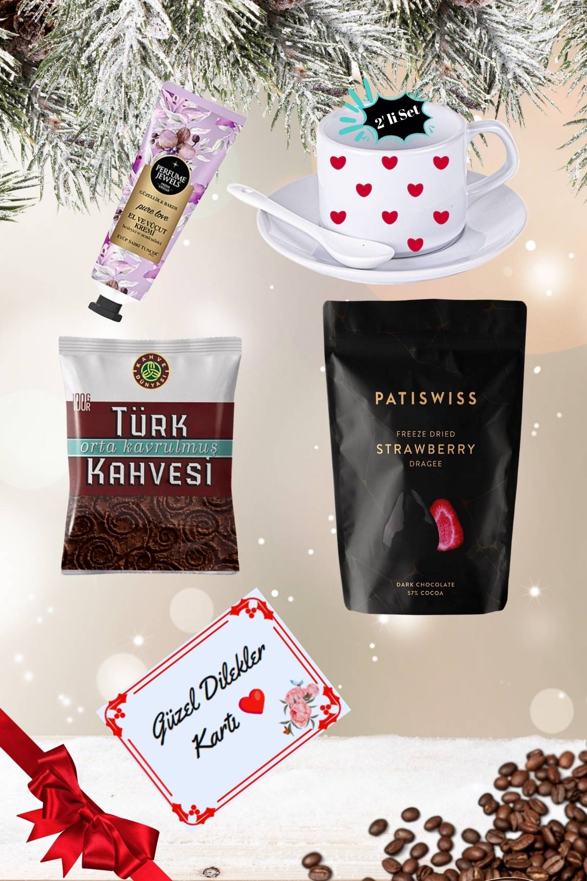 Yılbaşı 2’li Fincan seti & Bitter Çikolatalı Çilek Draje & Türk Kahvesi Hediye Seti Gift Box-8
