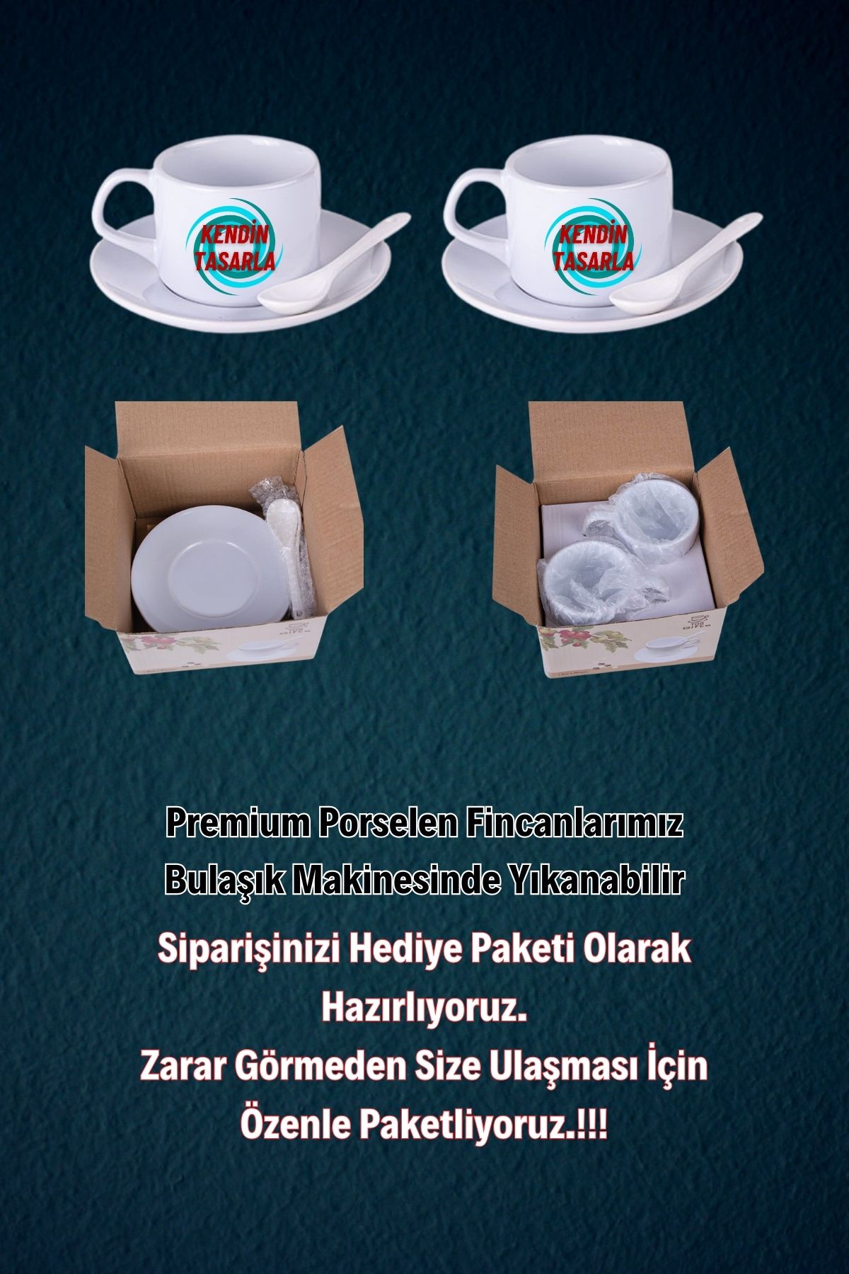 Kişiye Özel Baskılı 2’li Set Kaşıklı Porselen Çay Kahve Fincan Seti