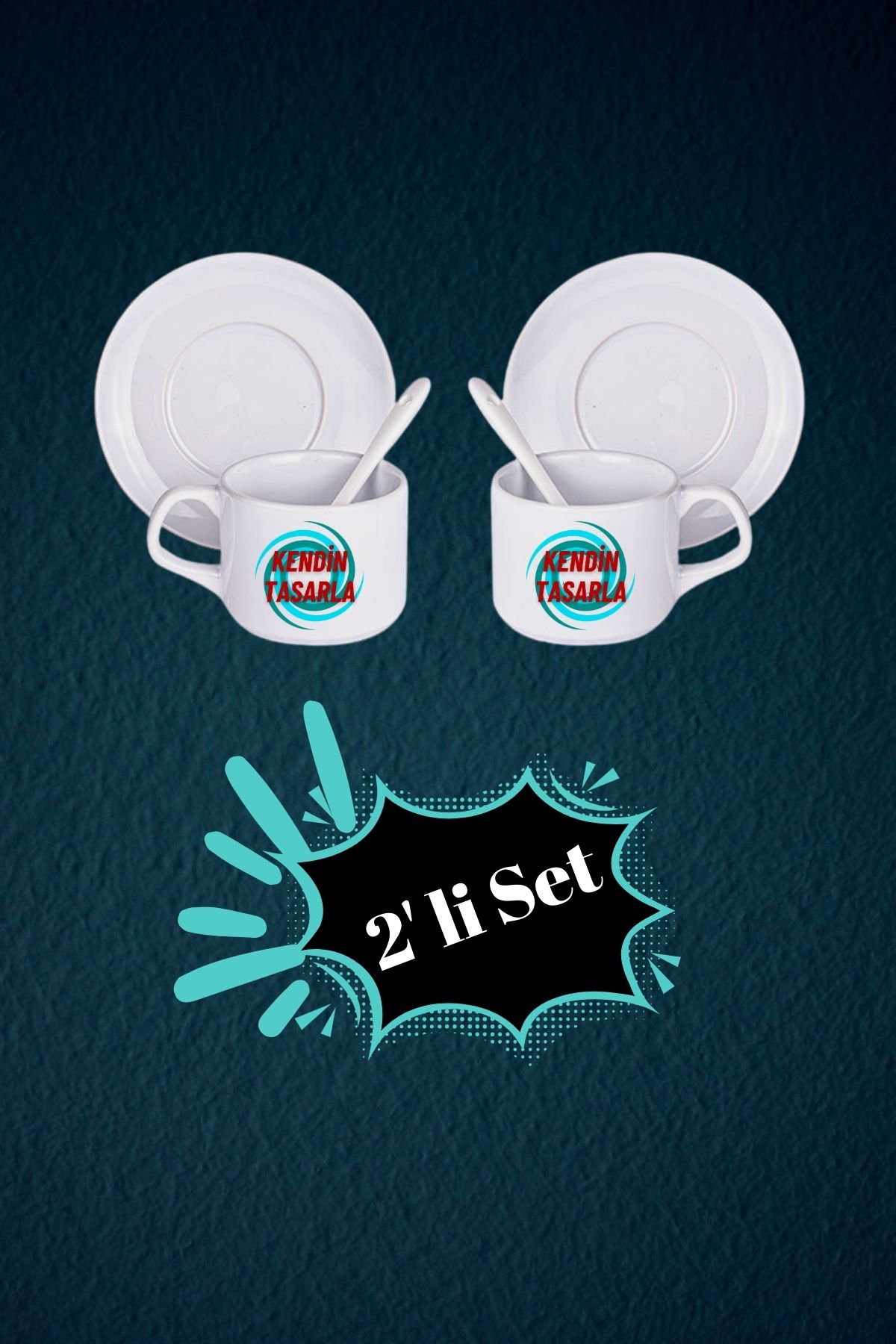 Kişiye Özel Baskılı 2’li Set Kaşıklı Porselen Çay Kahve Fincan Seti