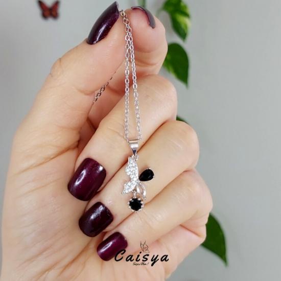 Nano Siyah Taşlı Kelebek Gümüş Kolye
