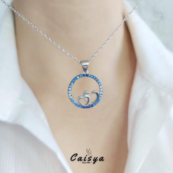 Mavi Nano Taşlı Kalp Gümüş Kolye