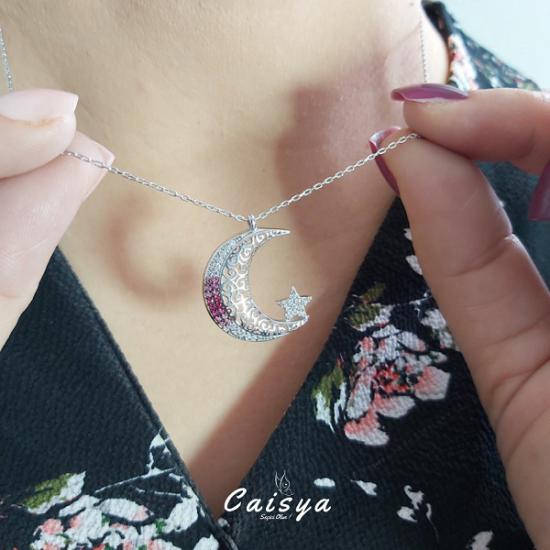 Pembe Nano Taşlı Ay Yıldız Gümüş Kolye