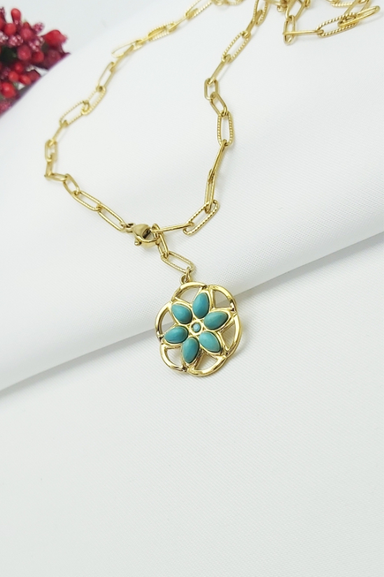 Altın Kaplama Özel Seri Kararmaz Turkuaz Taşlı Lotus Çiçeği Çelik Kolye 48 cm