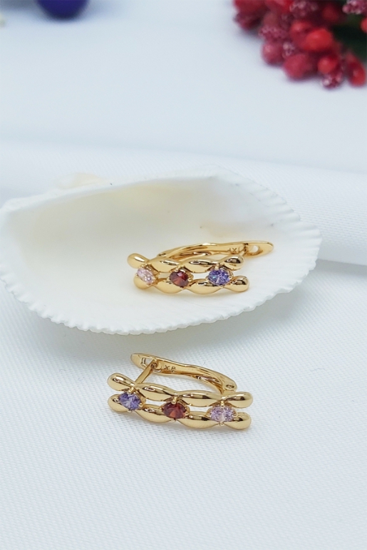 Rose Altın Kaplama Vip Seri Kararmaz Renkli Taşlı Zincir Çelik Küpe 2cm
