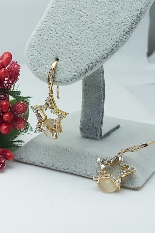 Rose Altın Kaplama Vip Seri Kararmaz Baget Taşlı Sallantılı Yıldız Küpe 3 cm