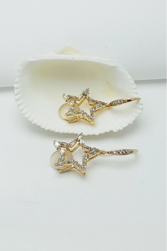 Rose Altın Kaplama Vip Seri Kararmaz Baget Taşlı Sallantılı Yıldız Küpe 3 cm