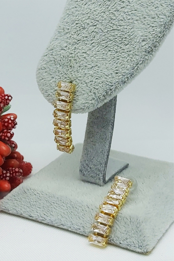 Rose Altın Baget Taşlı Özel Seri Kararmaz Çelik Küpe 2,5cm