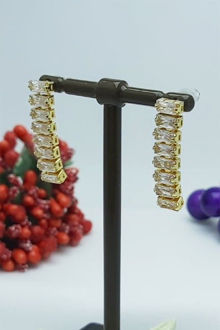 Rose Altın Baget Taşlı Özel Seri Kararmaz Çelik Küpe 2,5cm