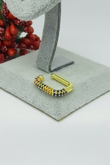 Altın Kaplama Özel Seri Renkli Taşlı 2 li Kombin Çelik Kıkırdak Küpesi 1,5cm
