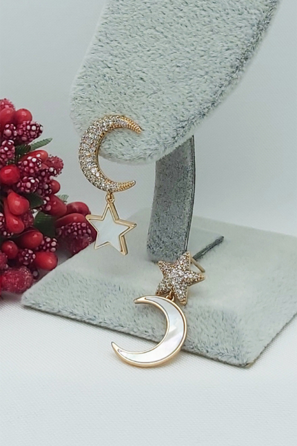 Rose Altın Kaplama Vip Seri Sedefli Ay Yıldız Küpe 2,4 cm