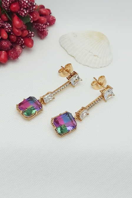 Rose Altın Kaplama Vip Seri Kare Renkli Taşlı Sallantılı Küpe 3,5 cm
