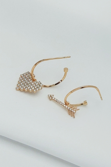 Rose Altın Kaplama Vip Seri Oklu Kalp Küpe 2,5 cm