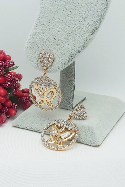 Rose Altın Kaplama Vip Seri Sallantılı Kalpli Kelebek Küpe 3,5 cm