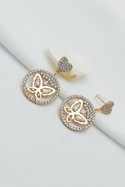 Rose Altın Kaplama Vip Seri Sallantılı Kalpli Kelebek Küpe 3,5 cm
