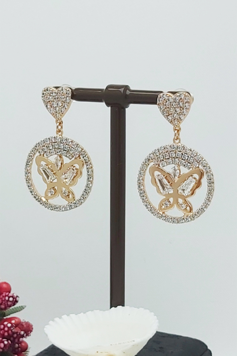 Rose Altın Kaplama Vip Seri Sallantılı Kalpli Kelebek Küpe 3,5 cm